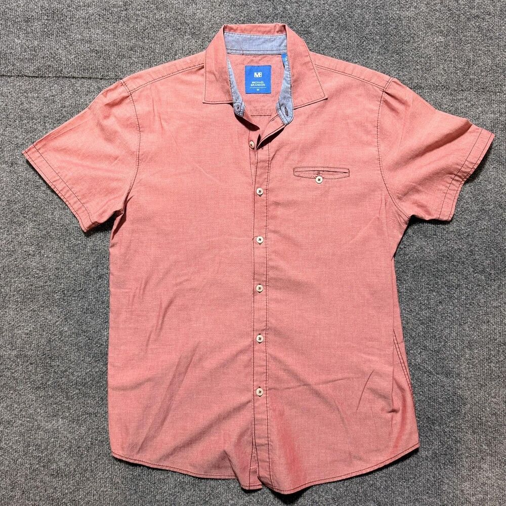Michael Brandon Shirt Mens Medium Pink Solid Short Sleeve Button Up Casual Wear